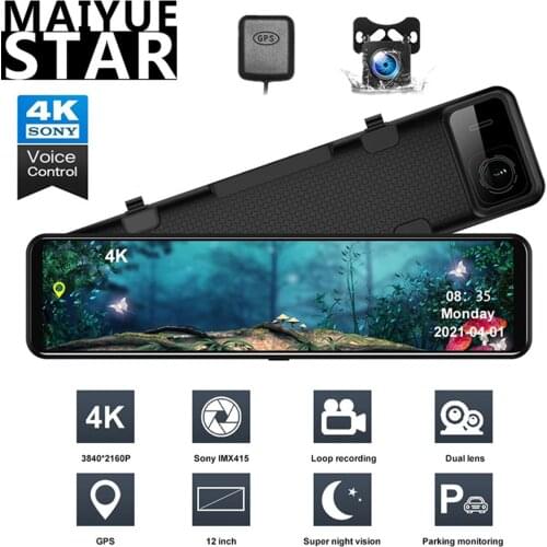 4K Video Recorder 12-Inch Dual Lens Dash Cam GPS WIFI Sony IMX415 Ultra HD Night Vision Camera Front 2160P+ Rear 1080P Car DVR