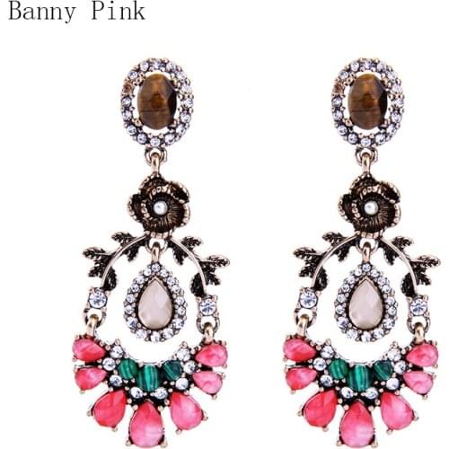 Vintage Synthetic Stone Pendant Studs Earrings Chunky Water Drop Statement Post Earrings Chunky Flower Earrings Fashion Jewelry