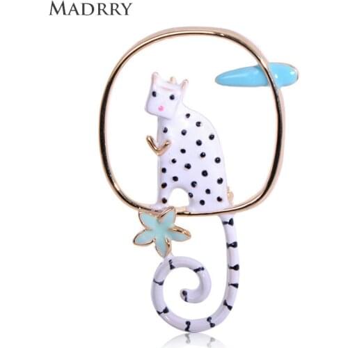 Madrry Cute Long Tail Tailed Leopard Cat Shape Brooches White Enamel Jewelry Women Boys Dress Coat Scarf Pins Accessories Gifts