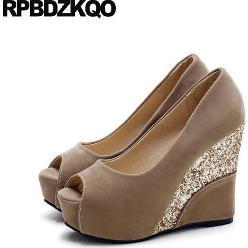 Peach Bride Round Toe Fish Mouth Bridal Ultra Suede Shoes Peep High Heels Size 33 Pumps Glitter Extreme Prom Ladies Super Wedge