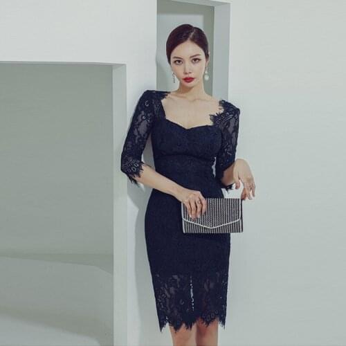 New arrival fashion korean spring midi beach dress women OL temperament sexy lace square neck tassel slim holiday pencil dress