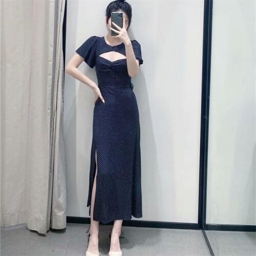 ZXQJ Women 2021 Fashion Hollow Polka Dot Split Dress Vintage O Neck Ruffled Sleeve Female Dresses Mujer