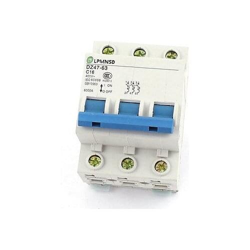 AC 400V 16A 6000A Overload DIN Rail Mount Circuit Breaker 3 Pole DZ47-63