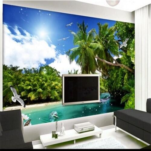 Beibehang Large custom wallpaper wall coconut trees sunny blue sky dolphin 3D stereo wall decoration painting
