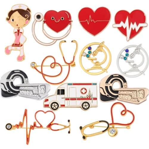 New Style Medical Brooches Nurse Enamel Pin Ambulance Heart Stethoscope Microscope Medical Equipment Charms Doctor Nurse Gifts
