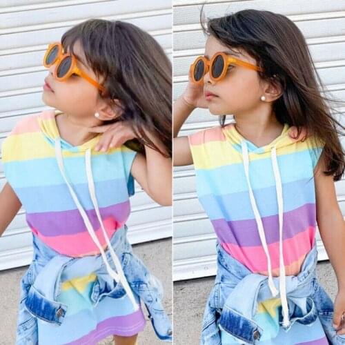 Kids Baby Girl Summer Sleeveless Mini Dress Clothes Rainbow Stripe Outfit High Waist Hooded Dress Sunsuit 1-7Y
