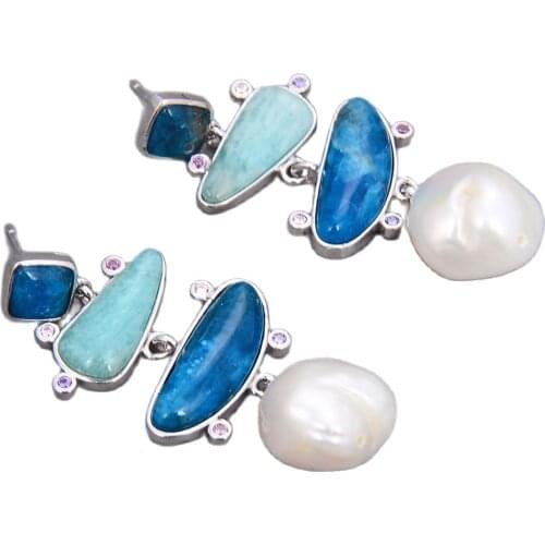 GuaiGuai Jewelry Freshwater White Pearl Blue Apatite Green Amazonite Dangle Stud Earrings