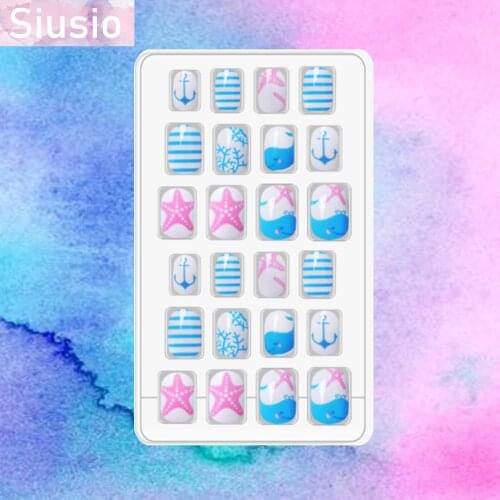 24pcs/Suit Fake Nails For Kids Blue Unicorn Cute Gradient Mermaid Tail Stripe Short Artificial Lovely Gift for Girls Nails Art