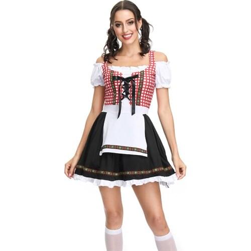 German Oktoberfest Beer Girl Costume Carnival Halloween Cosplay Off Shoulder Short Sleeve Beer Maid Waiter Dress with Apron
