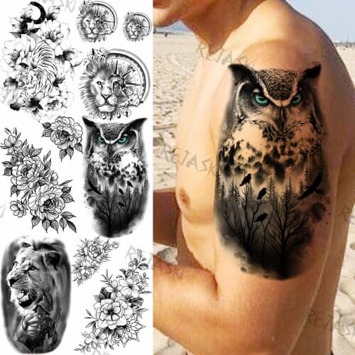Wise Owl Mountain Temporary Tattoos For Men Women Realistic Tiger Lion Compass Dahlia Fake Tattoo Sticker Back Arm Tatoos DIY