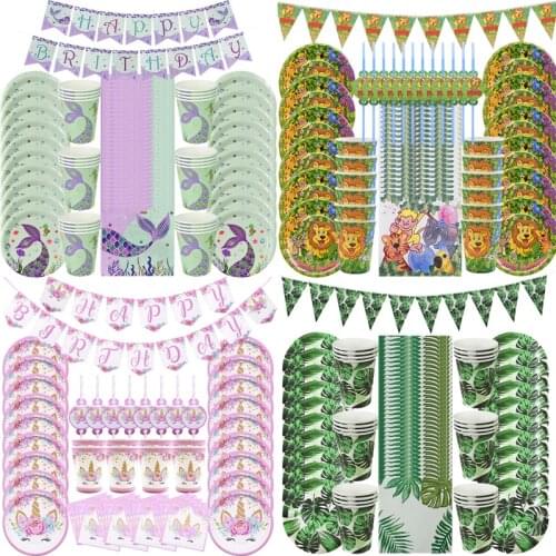 49-Pack Party Disposable Tableware Kits Jungle Mermaid Unicorn Tropical Theme Decoration Birthday Party Plate Napkins Supplies