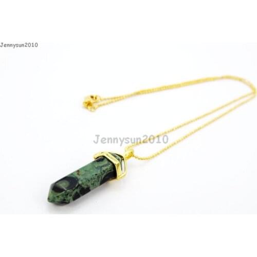 Natural Rhyolite Gems Stones Hexagonal Pointed Healing Reiki Chakra Pendant Beads Gold 17'' Chain Necklace 5 Sets/Pack