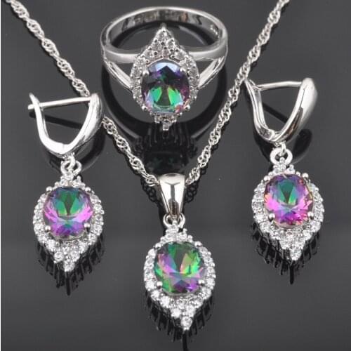 New Fashion Multicolor Rainbow Zirconia Womens Silver Color Jewelry Sets Earrings/Pendant/Necklace/Rings QZ0511