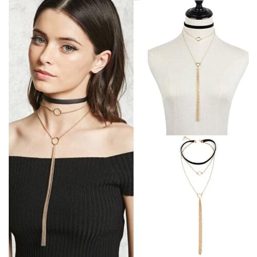Creative Multi-layers Velvet Metal Necklace with Long Tassels Fashion Chokers Necklaces for women