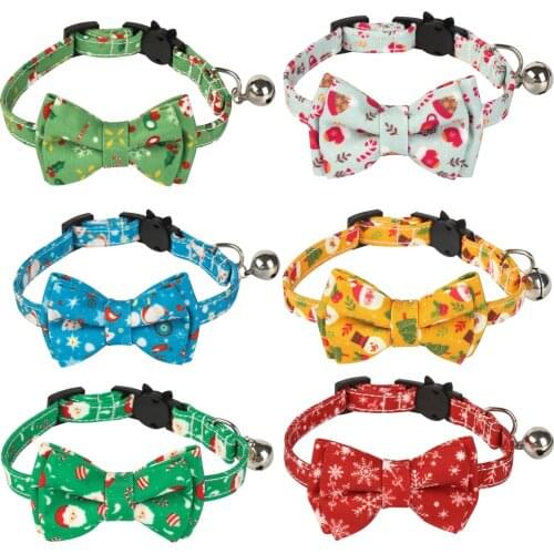 Cat Collar Breakaway with Bow Tie Christmas Santa Claus Patterns Adjustable Kitten Collars with Bell and Accessories for Kitty