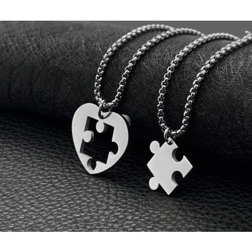 Lover Paired Couple Stainless Steel Pendants Necklace Heart Puzzle Necklaces for Lover Woman Man Friends Family Collar Collier