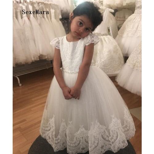 Puffy Tulle Lace Flower Girl Dress Children Wedding Party Gown White Ivory Custom Made