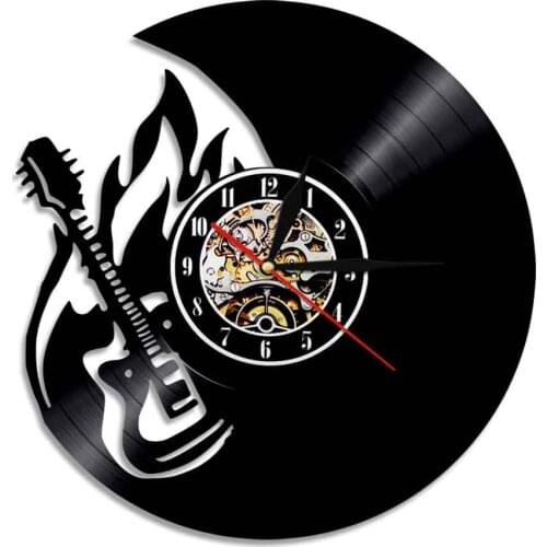 Rock and Roll Fire Guitar Art Decorative Wall Clock Modern Design Music Instrument Guitar Vinyl Record Wall Clock Decor