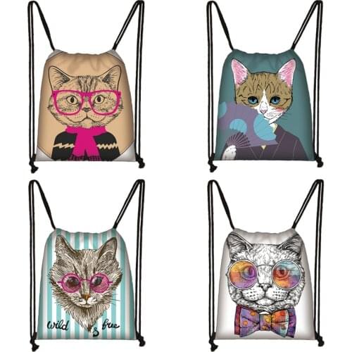Mr. Cat Print Drawstring Bag Women Travel Bag Teenager School Bag Brown Girl And Boy Backpack Fashion Female Storage Bags To745