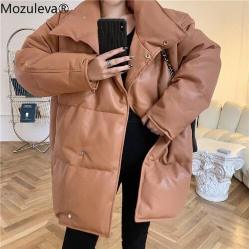 Mozuleva 2021 chic temperament loose coat design feeling high collar fashion leather cotton-padded clothes winter clothes women