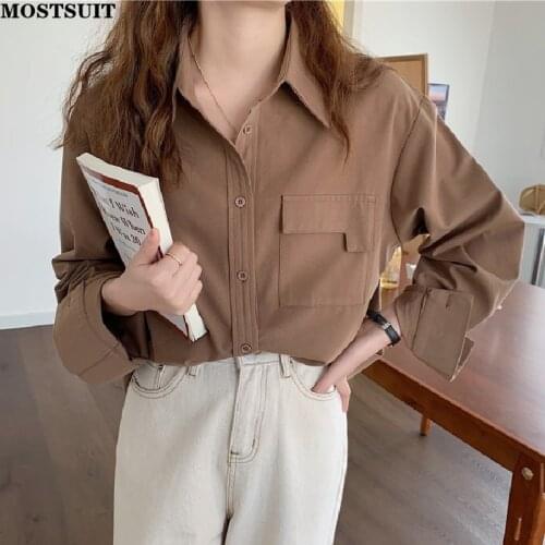 Vintage Blouses For Womens Fall 2021 Korean Button Up Turn-down Collar Long Sleeve Pockets Casual Loose Shirts Tops Femme