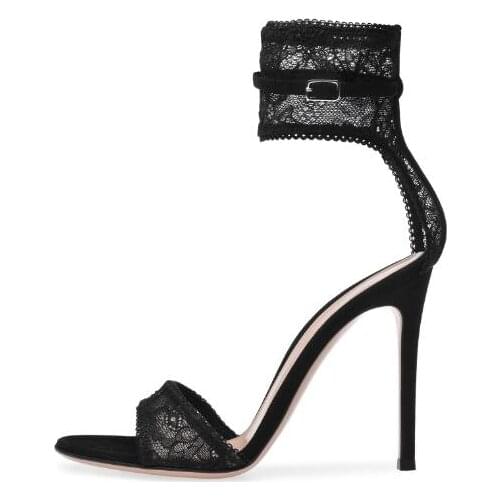Dipsloot Hot Sexy Black Lace Peep Toe Thin Heels Sandals Woman Ankle Wrap Buckle Party High Heel Dress Shoes Big Size 34 46