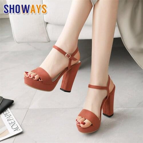 2020 Women Platform Sandals High Block Heels Beige Pink Quality Flock Casual Wedding Party Office Ladies Sexy Ankle Strap Shoes