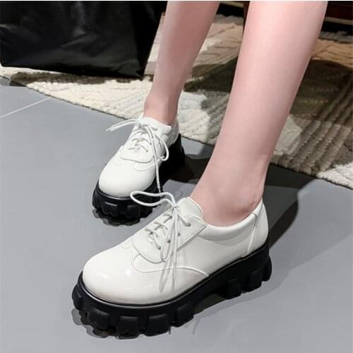 PXELENA Harajuku Thick Sole Platform Creepers Women Punk Gothic Chunky Heel Dad Shoes Patent Leather Oxfords Lace Up Black Beige