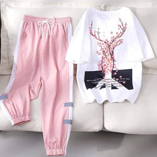 New 2021 Summer Womens Clothes Suit Casual Sports Two Pieces Set Flower Letter Print T-shirts + Elastic Waist Pants Tracksuit