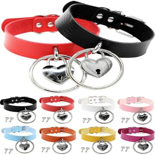 PU Leather Heart Choker Necklaces Women Lock Key Goth Choker Necklace Padlock Punk Big Statement Necklace on Neck Jewelry