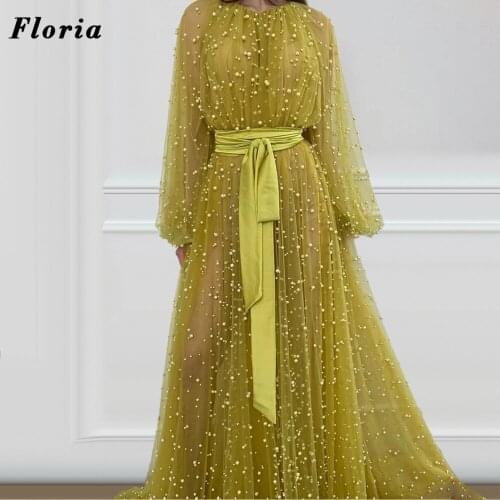 Vintage Arabic Green Pearls Evening Dresses Robe De Soiree Party Dress For Weddings See Through 2021 Dubai Reception Prom Gowns