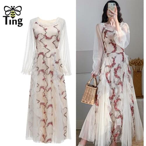 Tingfly Vintage Fairy Dress Women Summer Flower Embroidery Ruffles Mesh Casual Midi Long Dress Retro Victorian Dress Elbise Eam