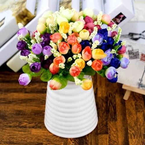 15 Heads Artificial Flowers European Retro Vintage Fake Silk Blue Pink Purple White Tea Rose Plastic Party Decoration Wholesale