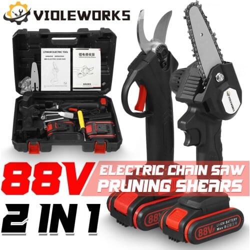 2 In 1 88VF 30MM Cordless Pruning Shears Branch Cutter Pruner 4 Inch Mini Electric Chain Saw With 2PC Battery Woodworking Tool