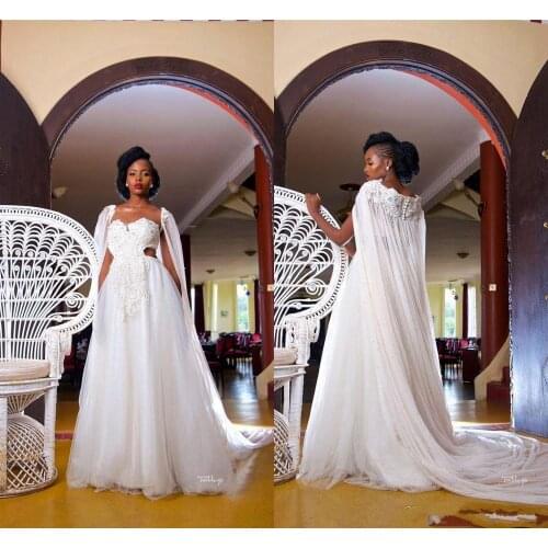 2021 Vintage Lace Appliqued A-line Wedding Dress Shawl Luxury African Black Girl Bohemian Bridal Gown Plus Size