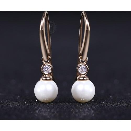 585 Rose Gold Earrings for Women Girls Simulated Pearl Clear Cubic Zircon Drop Huggie Elegant Earrings Wedding Jewelry DGE280