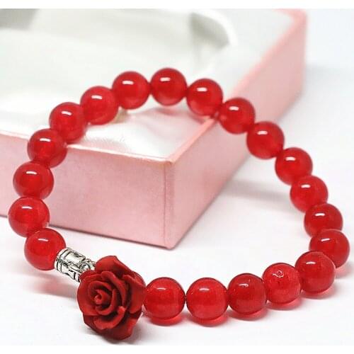 8mm red jades stone chalcedony bracelet round beads flower pendant girls party birthday gift special jewelry 7.5inch B1411