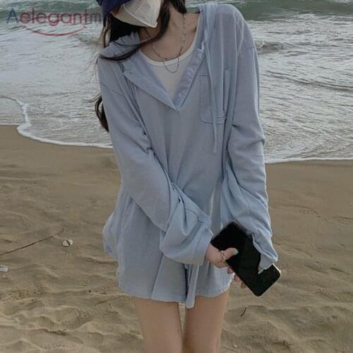 Aelegantmis Women 2 Piece Sets Solid Hooded Full Sleeve Loose Shirts Elastic High Waist Wide Leg Shorts Cozy Korean Sport Suit