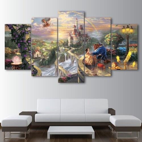Anime Modern Canvas Wall Art Home Decor For Living Room HD Printed Poster 5 Pieces Cartoon Castle Beauty And The Beast Painting
