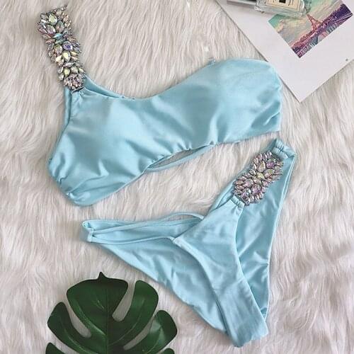Shiny Diamond Asymmetric Scrunch Butt Bikini Female Swimsuit Women Swimwear Two-pieces Bikini set Sexy Bather Bathing Suit Swim