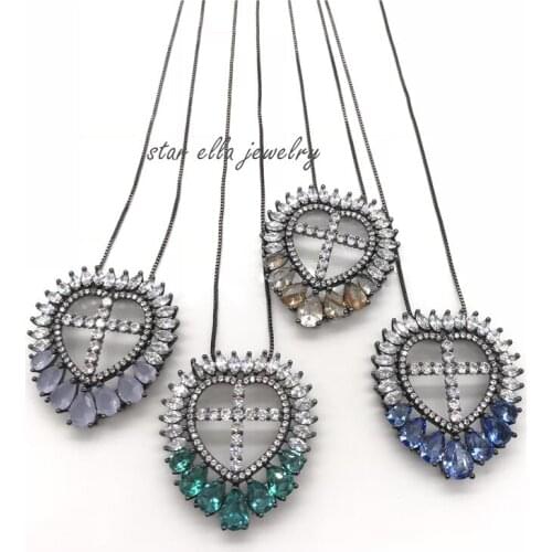 Single Piece Colorful Necklace Micro Pave CZ with Setting Glass Stone Heart Cross Pendant Necklace Jewelry