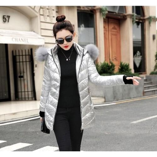 Dugujunyi 2019 Artificial fur collar Winter Jacket women Warm Parkas Coats Fashion Silver Hooded Padded Cotton Casual Female Out