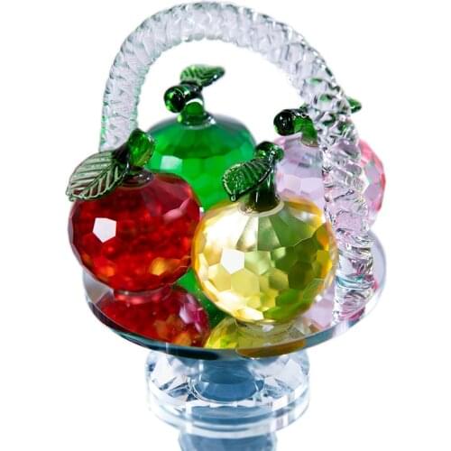H&D 4 Colors Crystal Faceted Apples Ornament Art Glass Apple Figurines Collectibles in Flower Basket Statue for Home Table Decor