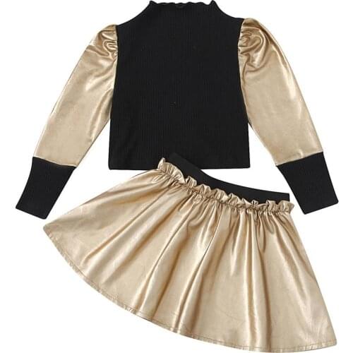 Ircomll Kids Clothes Girls Clothing Sets for Girls Patchwork Top+PU leather Short skirt 2Pcs for Kids Clothing Sets Baby Clothes