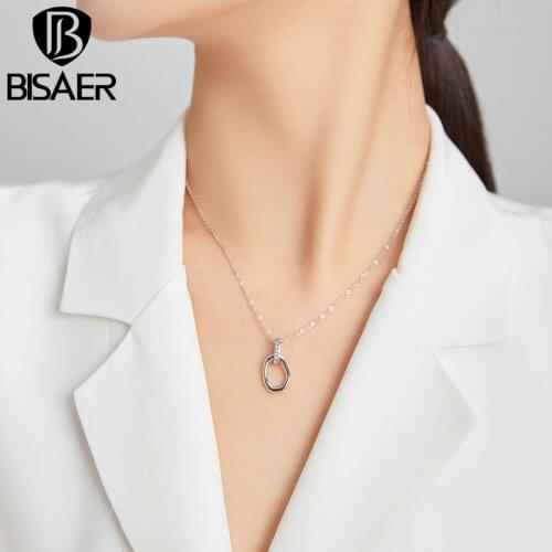 BISAER New 925 Sterling Silver Geometric Women Necklaces & Earrings Wedding Engagement Fine Jewelry Sets Gift WES226