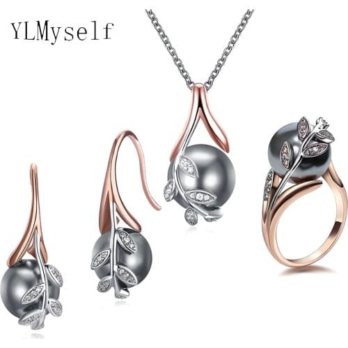3pcs Pearl Jewelry Set Necklace+Earrings+Ring Rose Gold Trendy Leaf Design Copper Fashion Wedding Party Sets