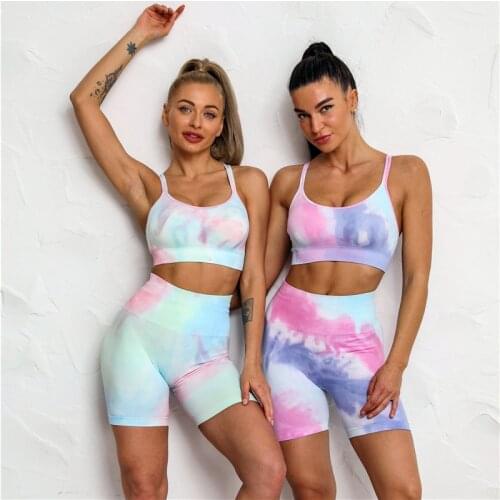 Womens Tracksuit Summer Seamless Tie dye Yoga Set Gyms Sport Bra Running Sports Shorts Fitness Suit High Waist Leggings 2021
