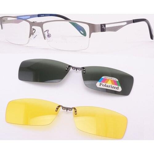 Stainless Steel Glasses Frame For Men Brown 2PCS Magnetic Sunglasses Clip UV400 Yellow Polarized Night Vision Eyeglasses