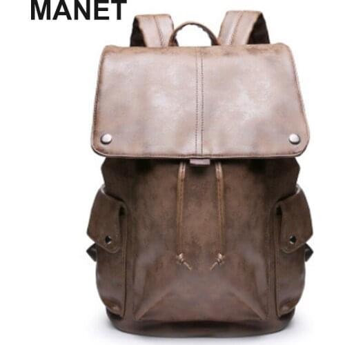 MANET PU Leather Backpacks Drawstring Neutral Backpack Women Large Capacity School Bags for Boys Casual Schoolbag Laptop Case
