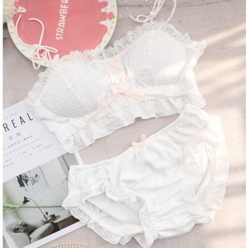 Mori Girl Cotton Pink Ribbon Bra & Panties Set Wirefree Soft Underwear Sleep Intimates Set Kawaii Lolita Fairy Kei